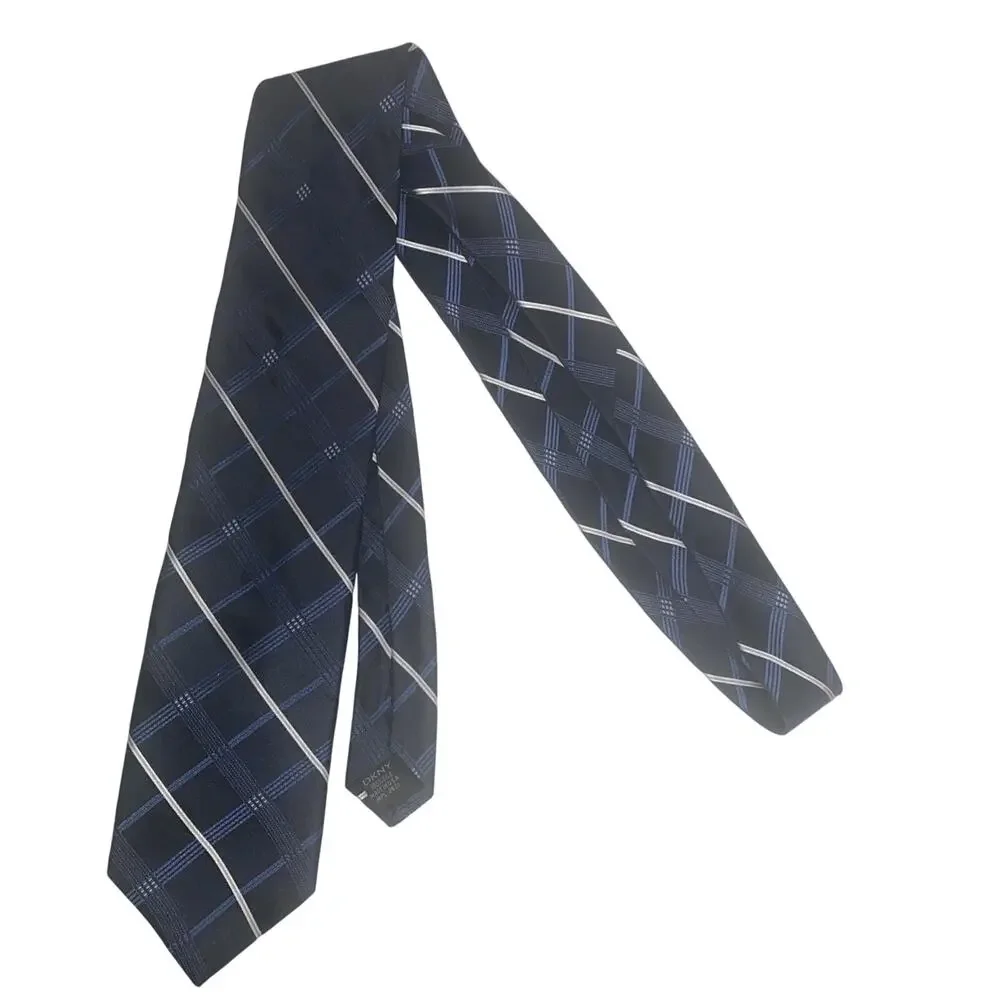 DKNY Men's Black Blue White Plaid 100% Silk Necktie 60”x3.25”